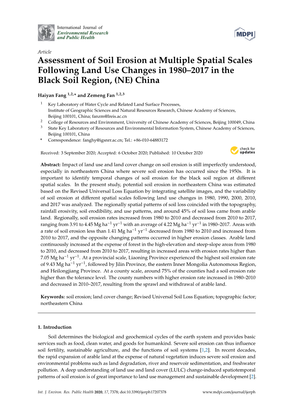 Assessment of Soil Erosion at Multiple Spatial Scales Following Land Use Changes in 1980–2017 in the Black Soil Region, (NE) China