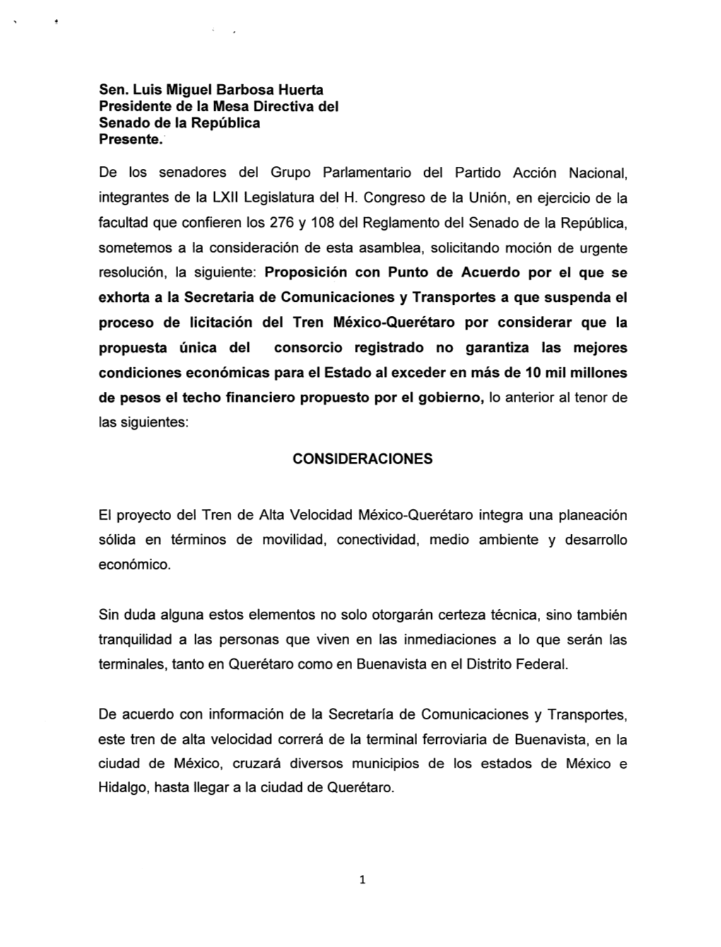 Sen. Luis Miguel Barbosa Huerta Presidente De Ia Mesa Directiva Del Senado De Ia Republica Presente.·