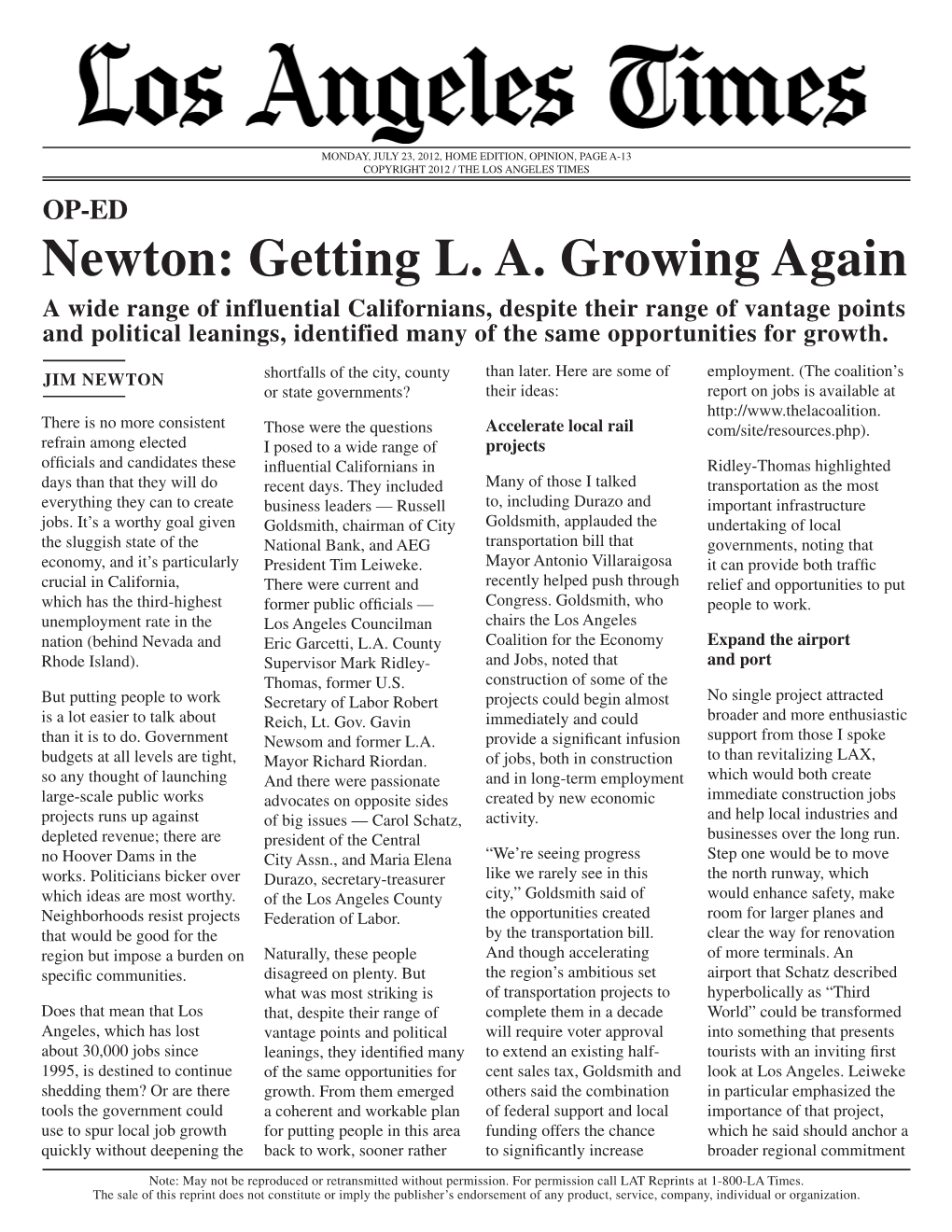 Newton: Getting L. A. Growing Again