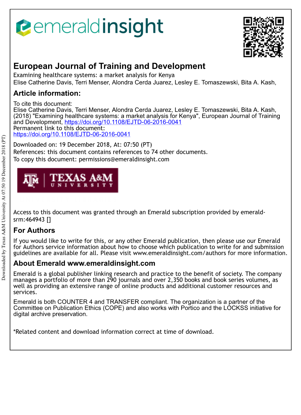 Examining Healthcare Systems: a Market Analysis for Kenya Elise Catherine Davis, Terri Menser, Alondra Cerda Juarez, Lesley E