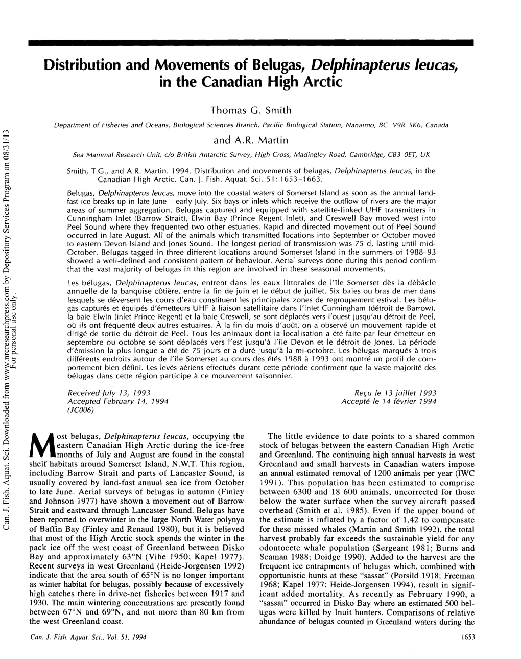 Distribution and Movements of Belugas, Delphinapterus Leucas, in the Canadian High Arctic