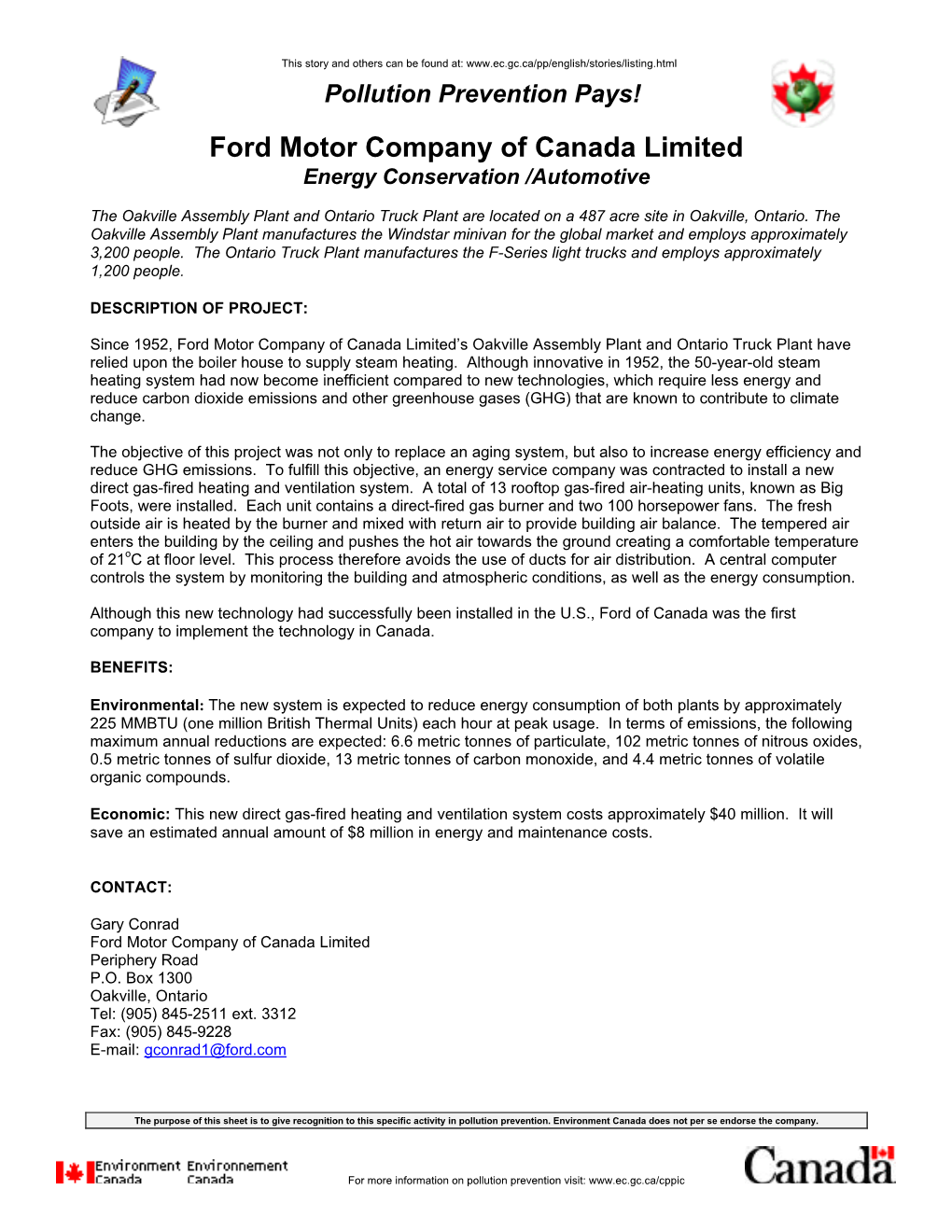 Ford Motor Company of Canada Limited Energy Conservation /Automotive