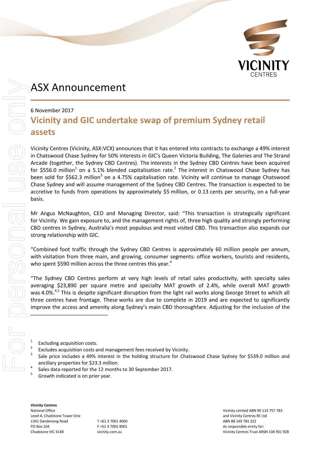 Vicinity and GIC Undertake Swap of Premium Sydney Retail Assets