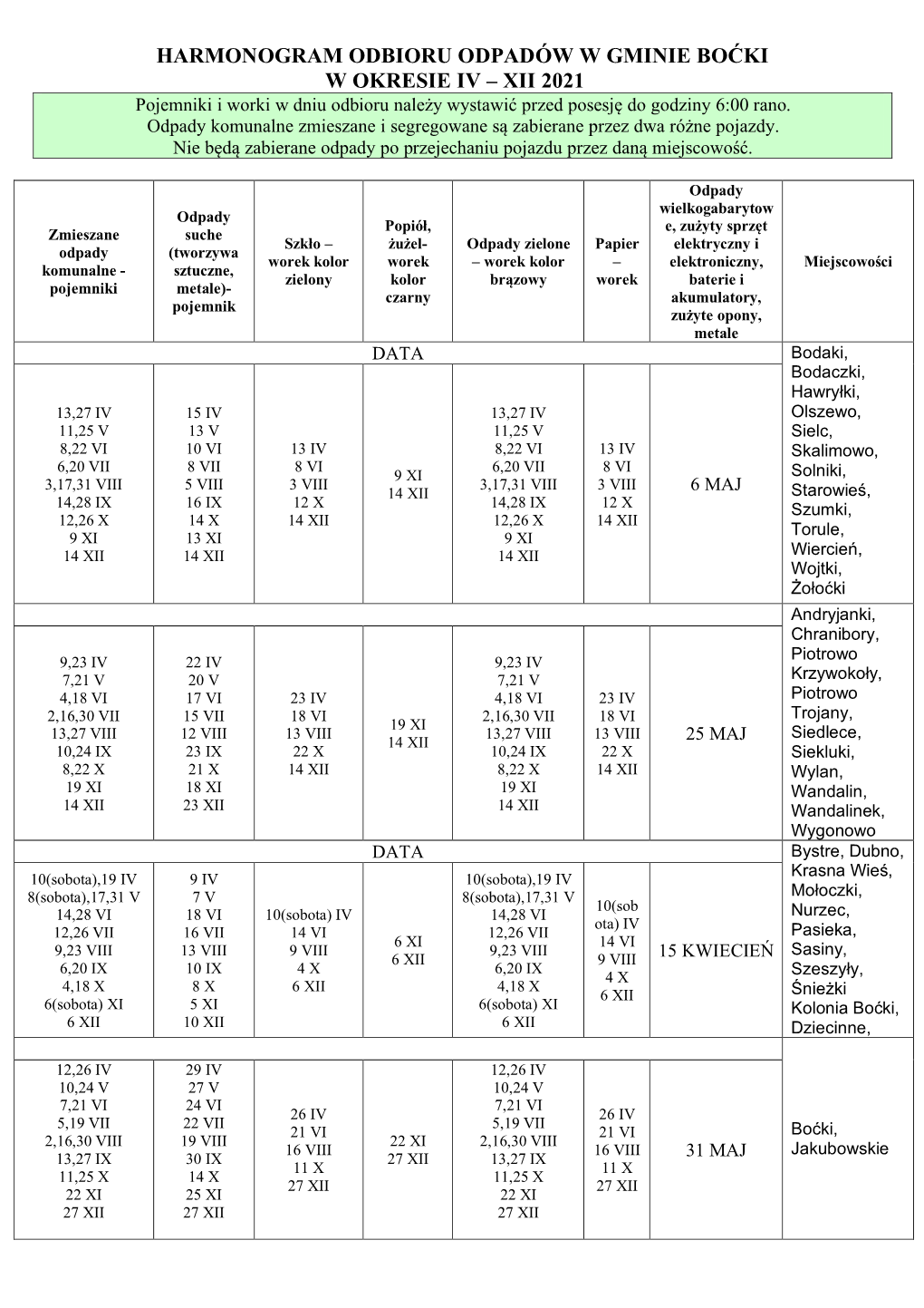 HARMONOGRAM ODBIORU ODPADÓW W GMINIE BOĆKI W OKRESIE IV – XII 2021 Pojemniki I Worki W Dniu Odbioru Należy Wystawić Przed Posesję Do Godziny 6:00 Rano