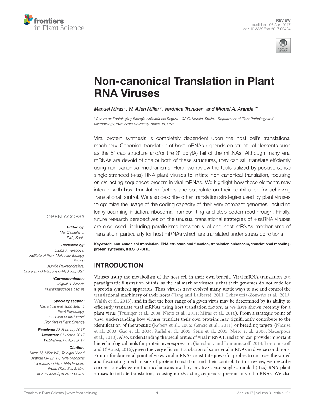 Non-Canonical Translation in Plant RNA Viruses