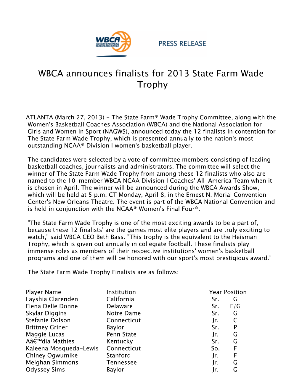 WBCA Announces Finalists for 2013 State Farm Wade Trophy 2012-13