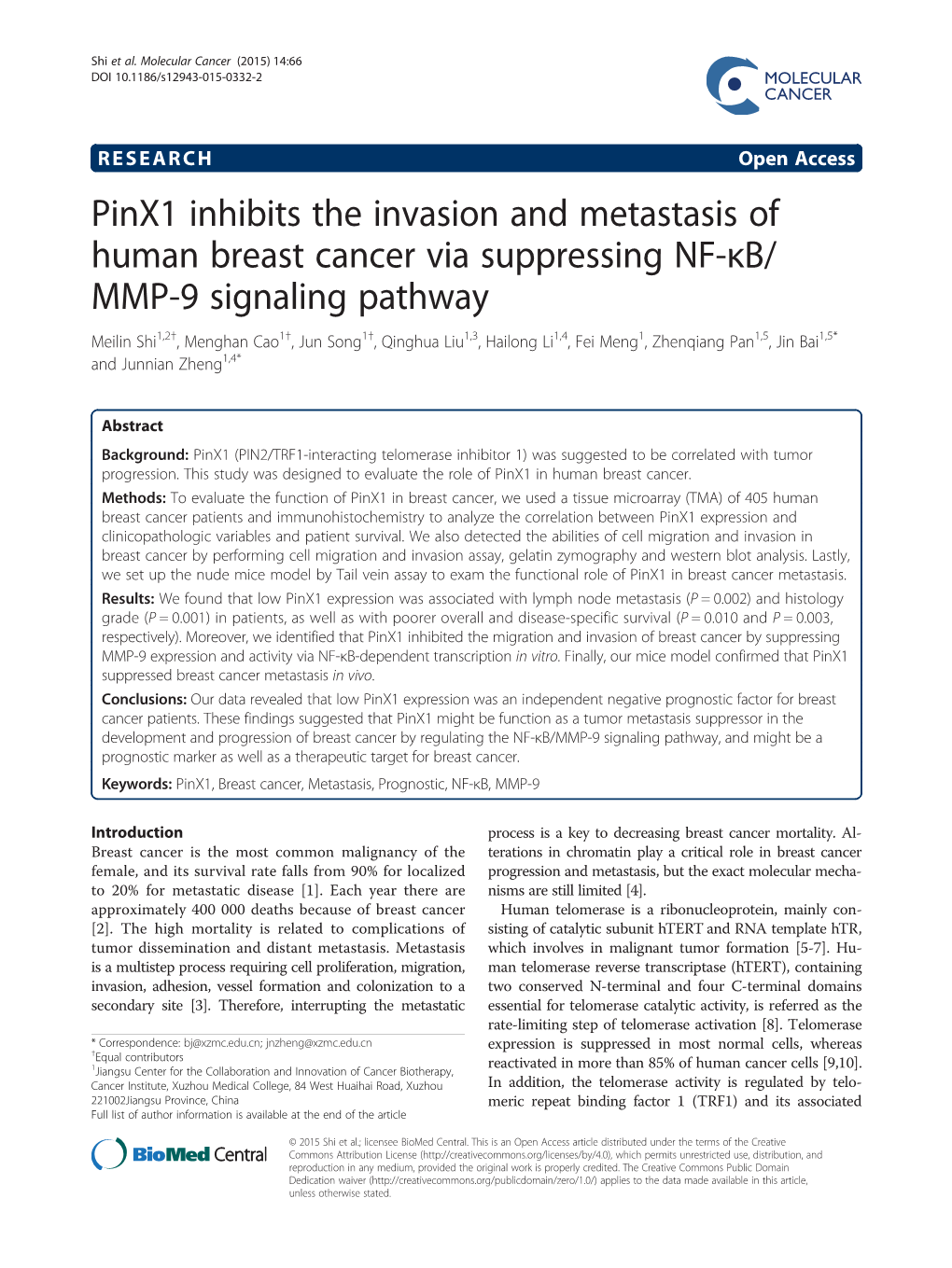 Pinx1 Inhibits the Invasion and Metastasis Of