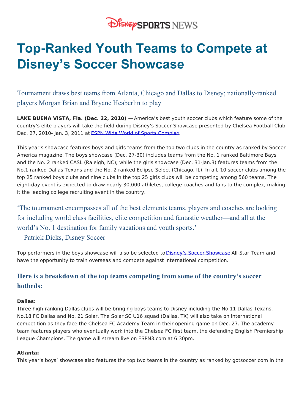 Top-Ranked Youth Teams to Compete at Disney's Soccer Showcase