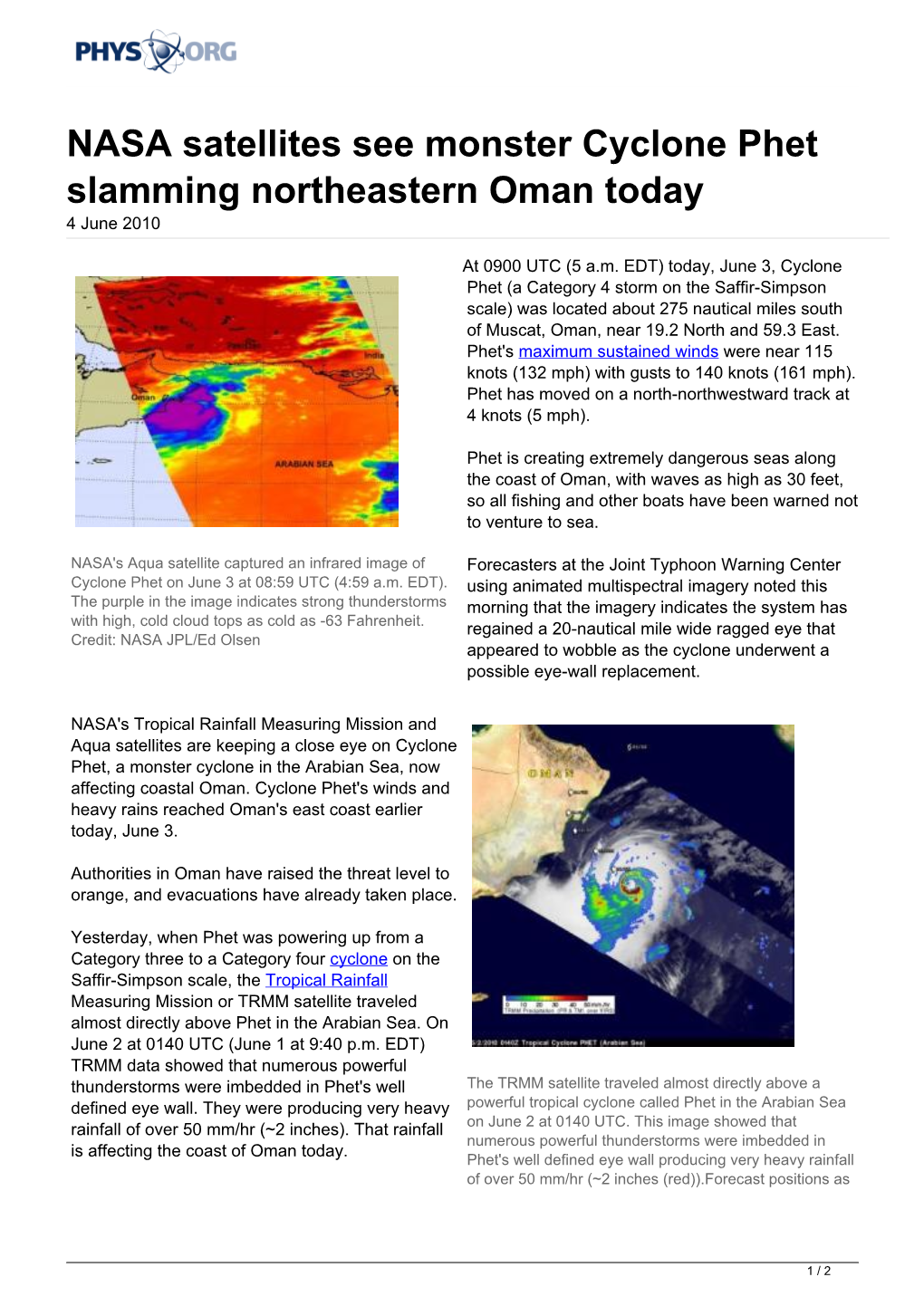 NASA Satellites See Monster Cyclone Phet Slamming Northeastern Oman Today 4 June 2010