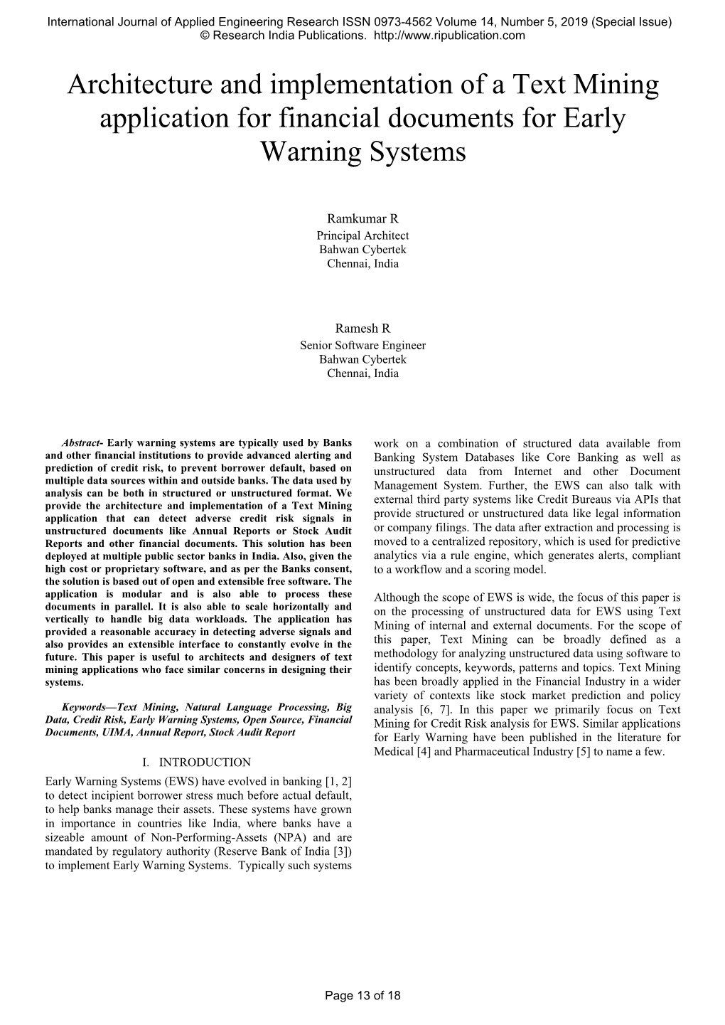 Architecture and Implementation of a Text Mining Application for Financial Documents for Early Warning Systems