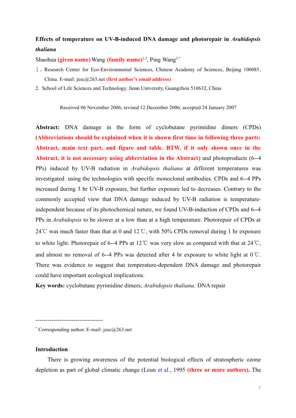 Effects of Temperature on UV-B-Induced DNA Damage and Photorepair in Arabidopsis Thaliana