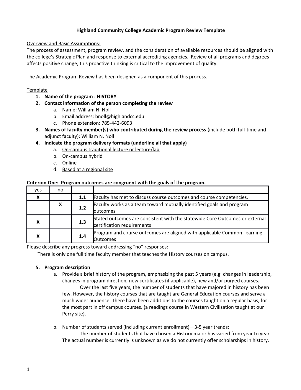 Highland Community College Academic Program Review Template