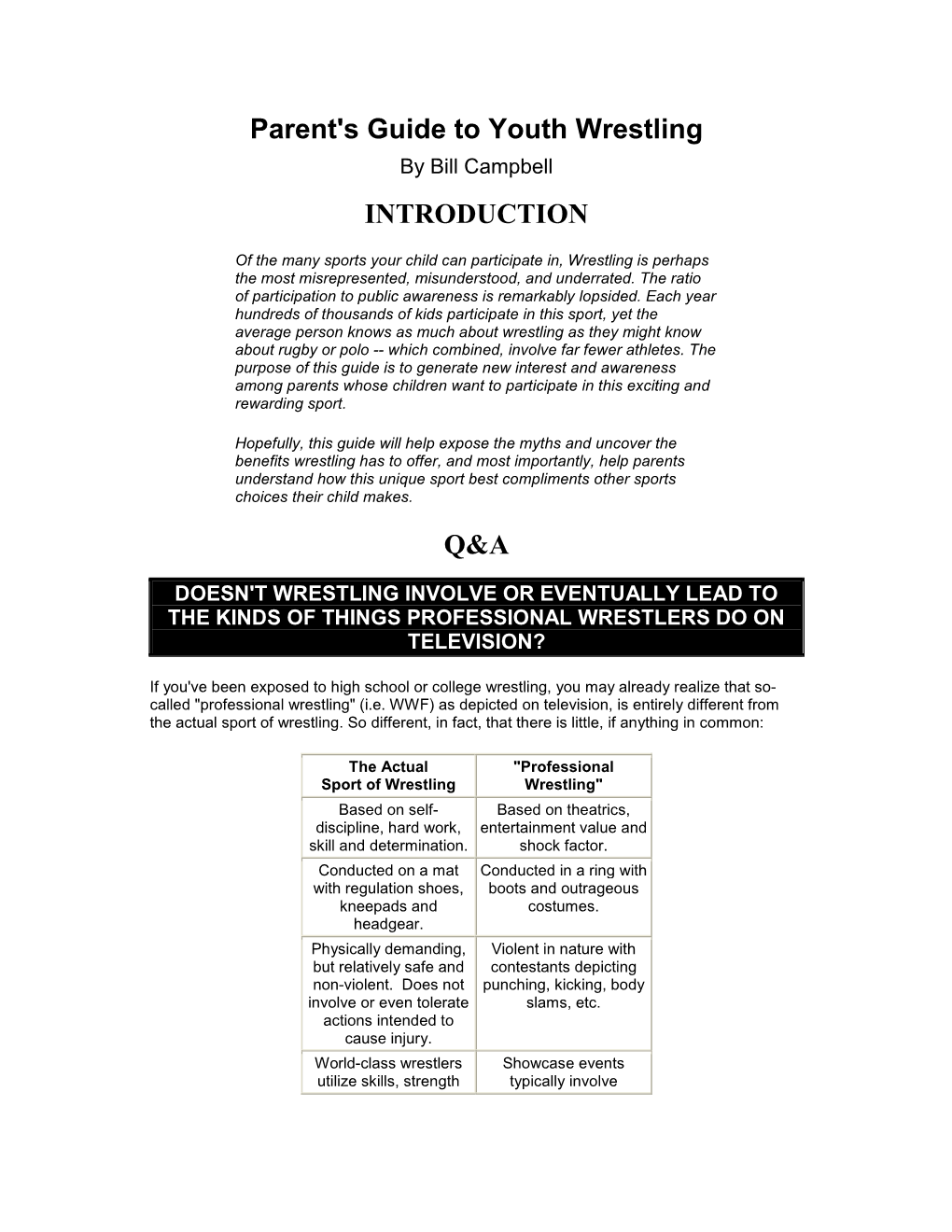 Parent's Guide to Youth Wrestling INTRODUCTION Q&A