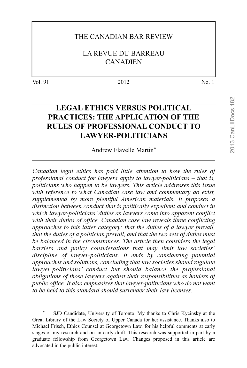 Legal Ethics Versus Political Practices: the Application of the Rules of Professional Conduct to Lawyer-Politicians