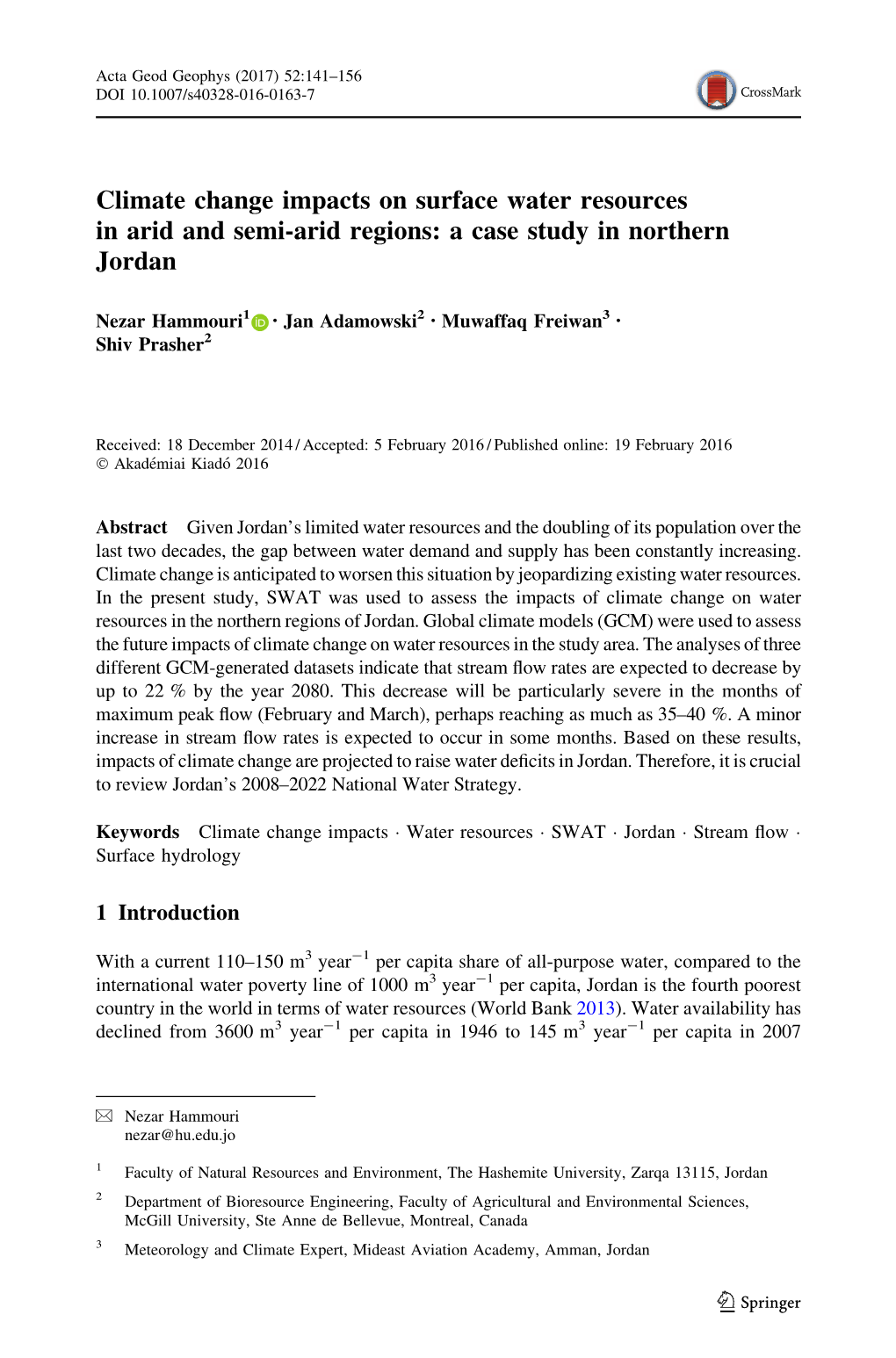 Climate Change Impacts on Surface Water Resources in Arid and Semi-Arid Regions: a Case Study in Northern Jordan