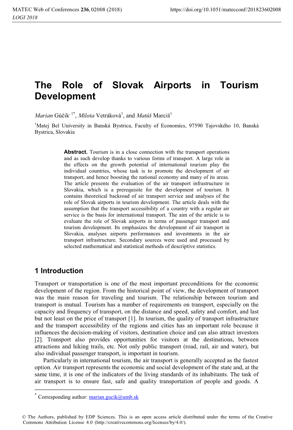 The Role of Slovak Airports in Tourism Development