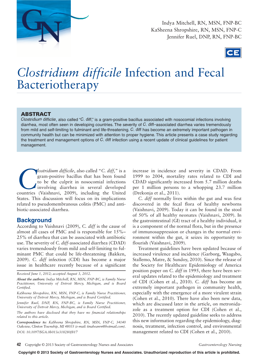 Clostridium Difficile Infection and Fecal Bacteriotherapy