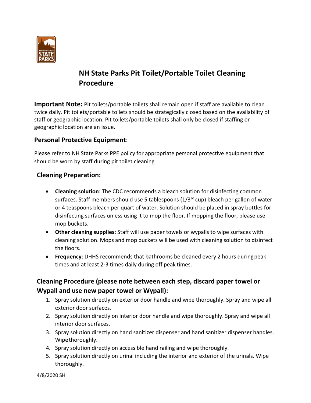 NH State Parks Pit Toilet/Portable Toilet Cleaning Procedure