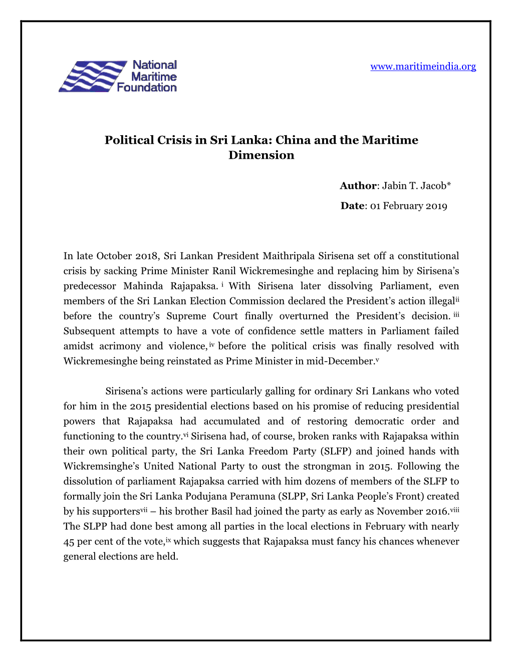 Political Crisis in Sri Lanka: China and the Maritime Dimension
