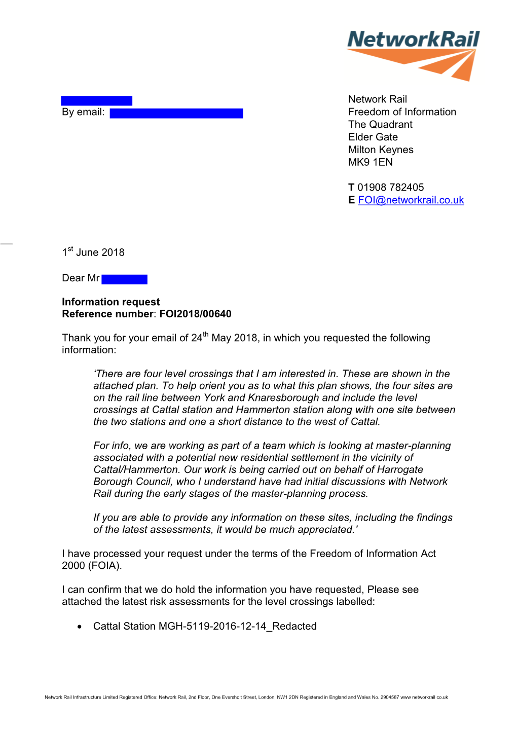 By Email: Network Rail Freedom of Information the Quadrant Elder