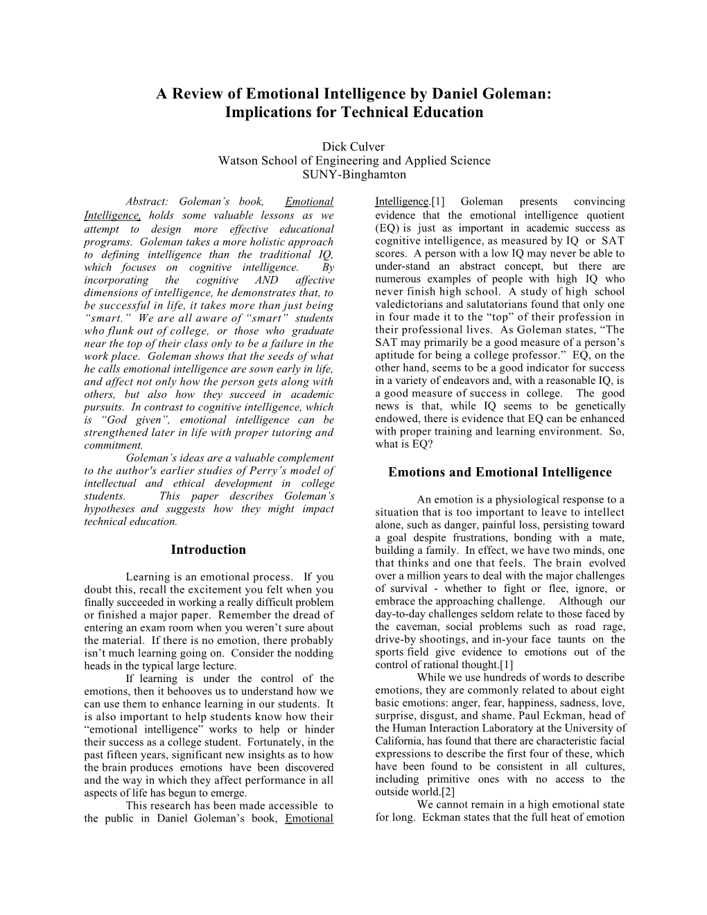 A Review of Emotional Intelligence by Daniel Goleman: Implications for Technical Education