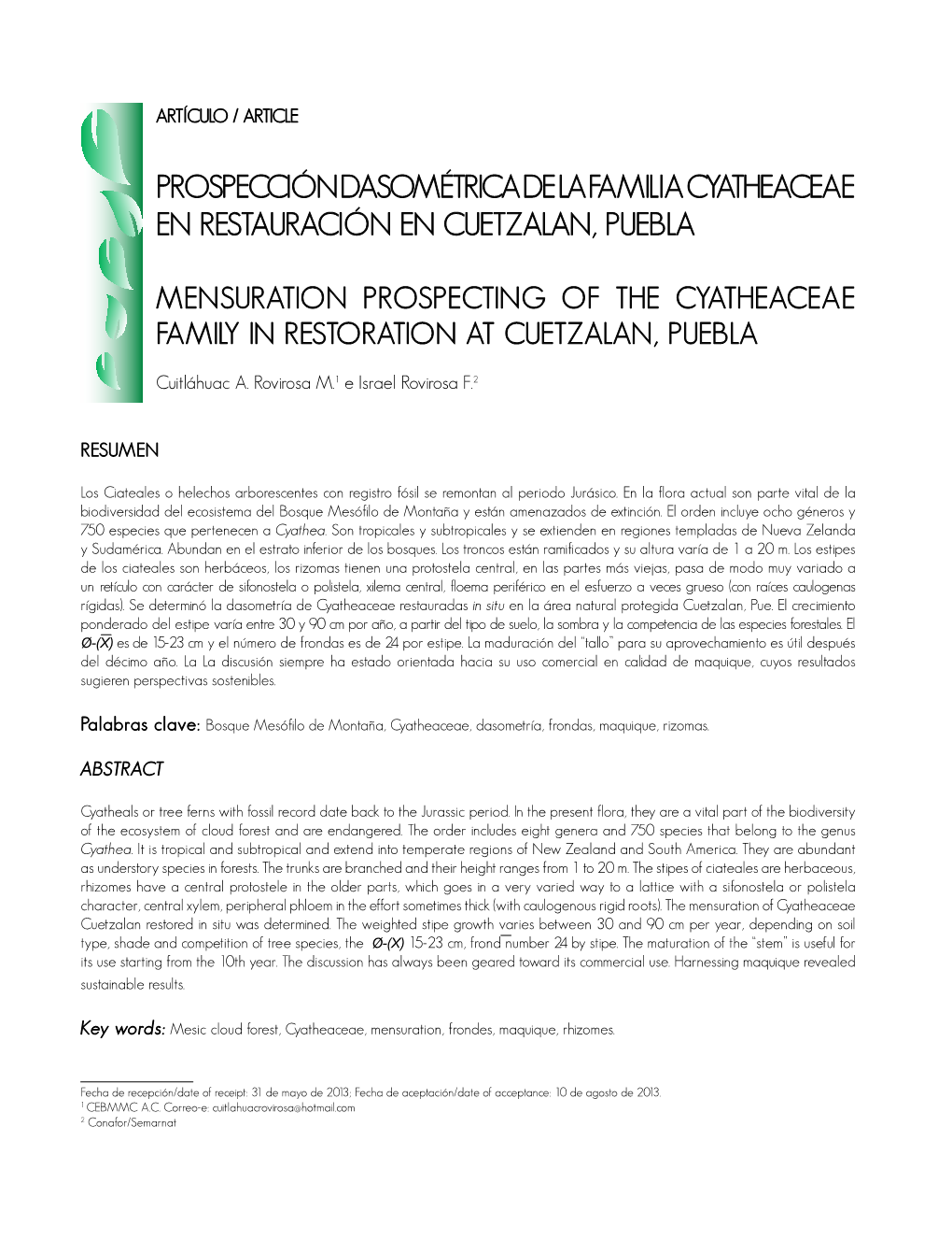 Prospección Dasométrica De La Familia Cyatheaceae En Restauración En Cuetzalan, Puebla