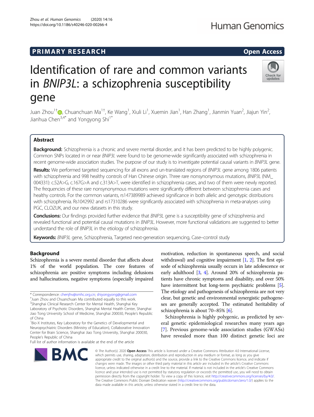Identification of Rare and Common Variants in BNIP3L: a Schizophrenia