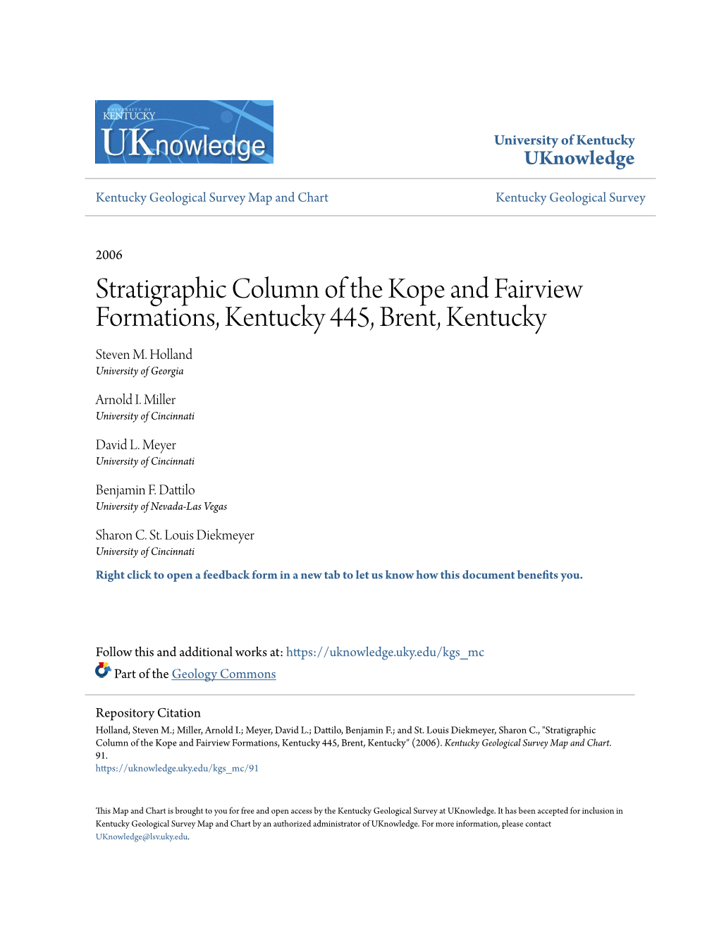 Stratigraphic Column of the Kope and Fairview Formations, Kentucky 445, Brent, Kentucky Steven M