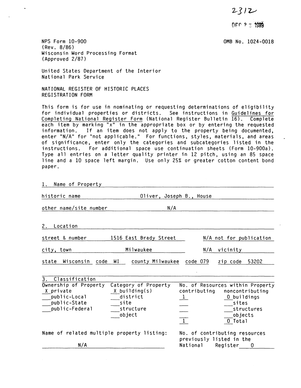 NPS Form 10-900 0MB No. 1024-0018 (Rev. 8/86)