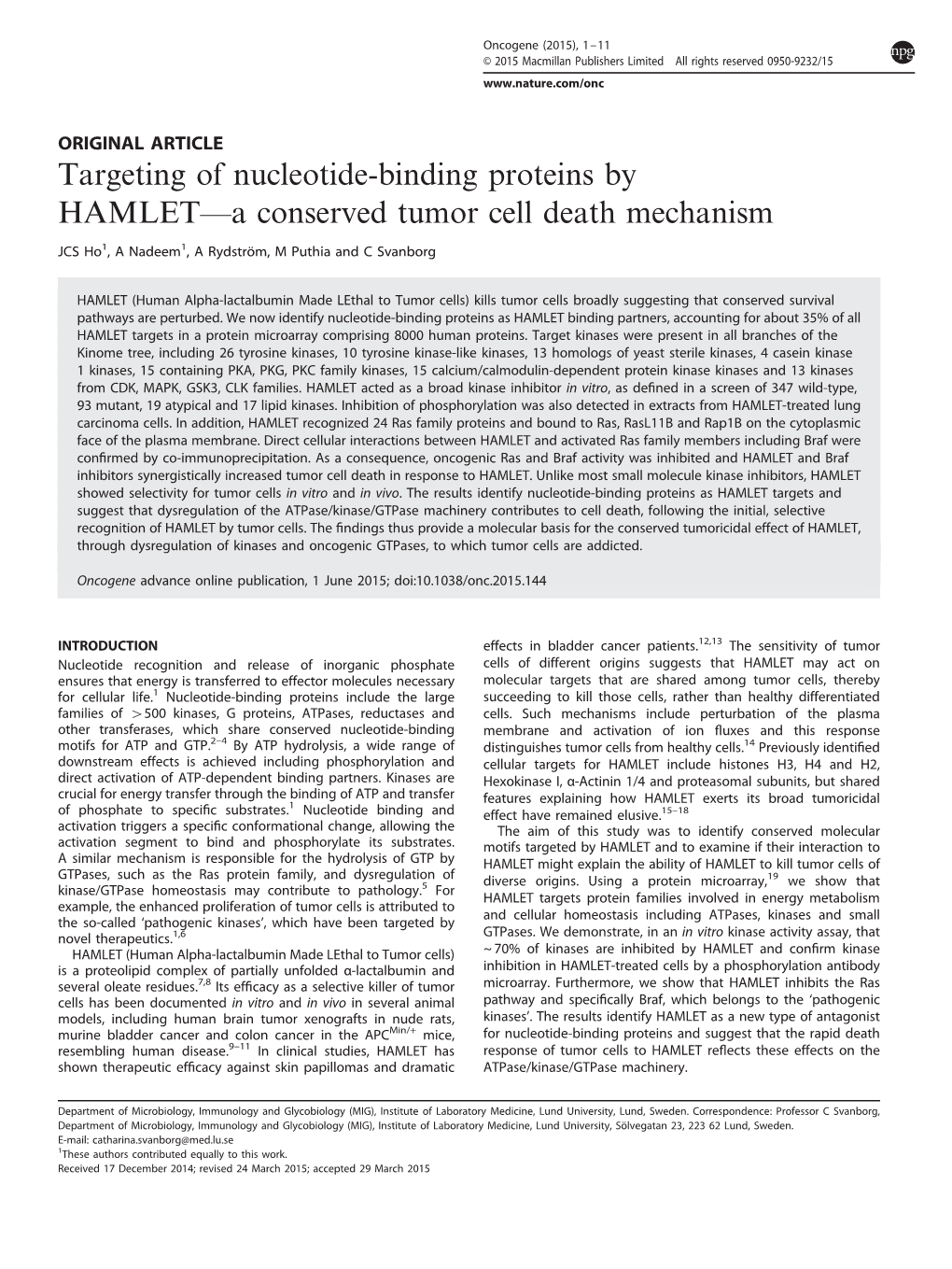 Targeting of Nucleotide-Binding Proteins by HAMLET&Mdash;A