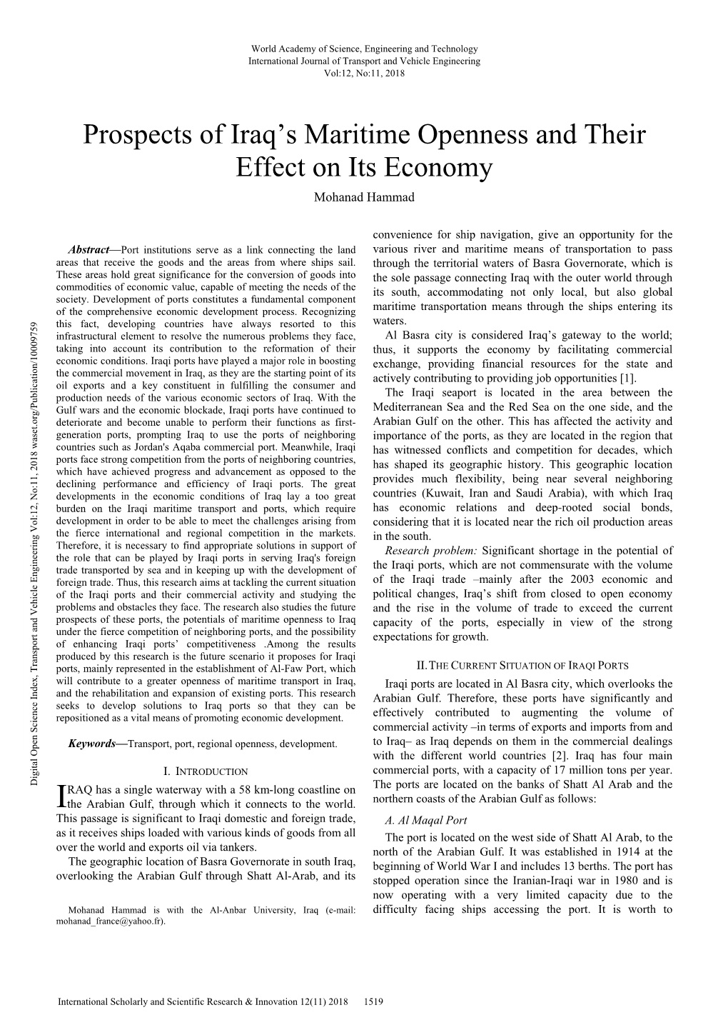 Prospects of Iraq's Maritime Openness and Their Effect on Its Economy