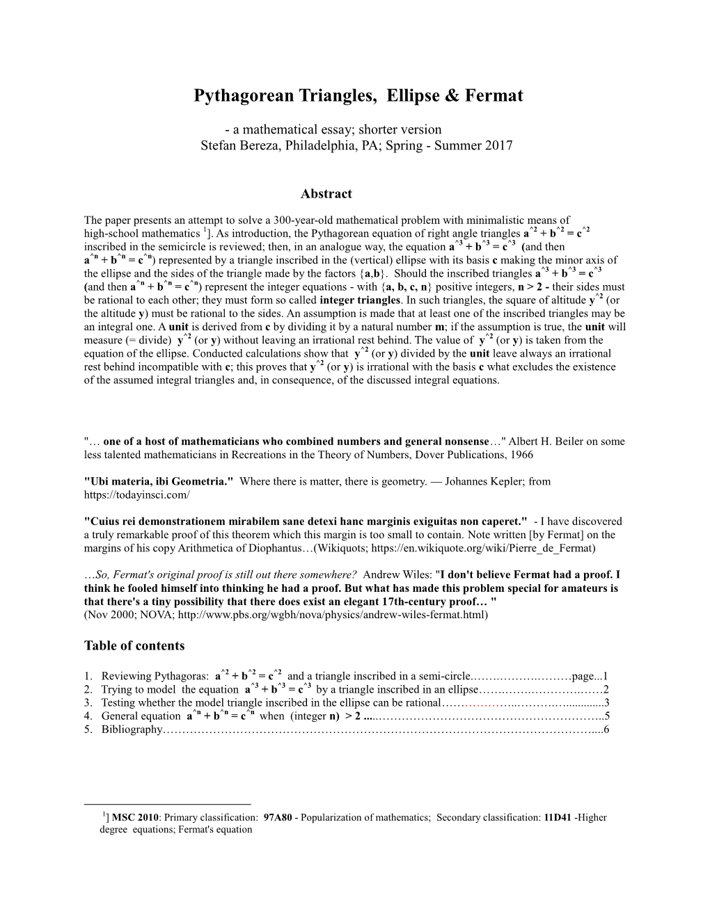 Pythagorean Triangles, Ellipse & Fermat