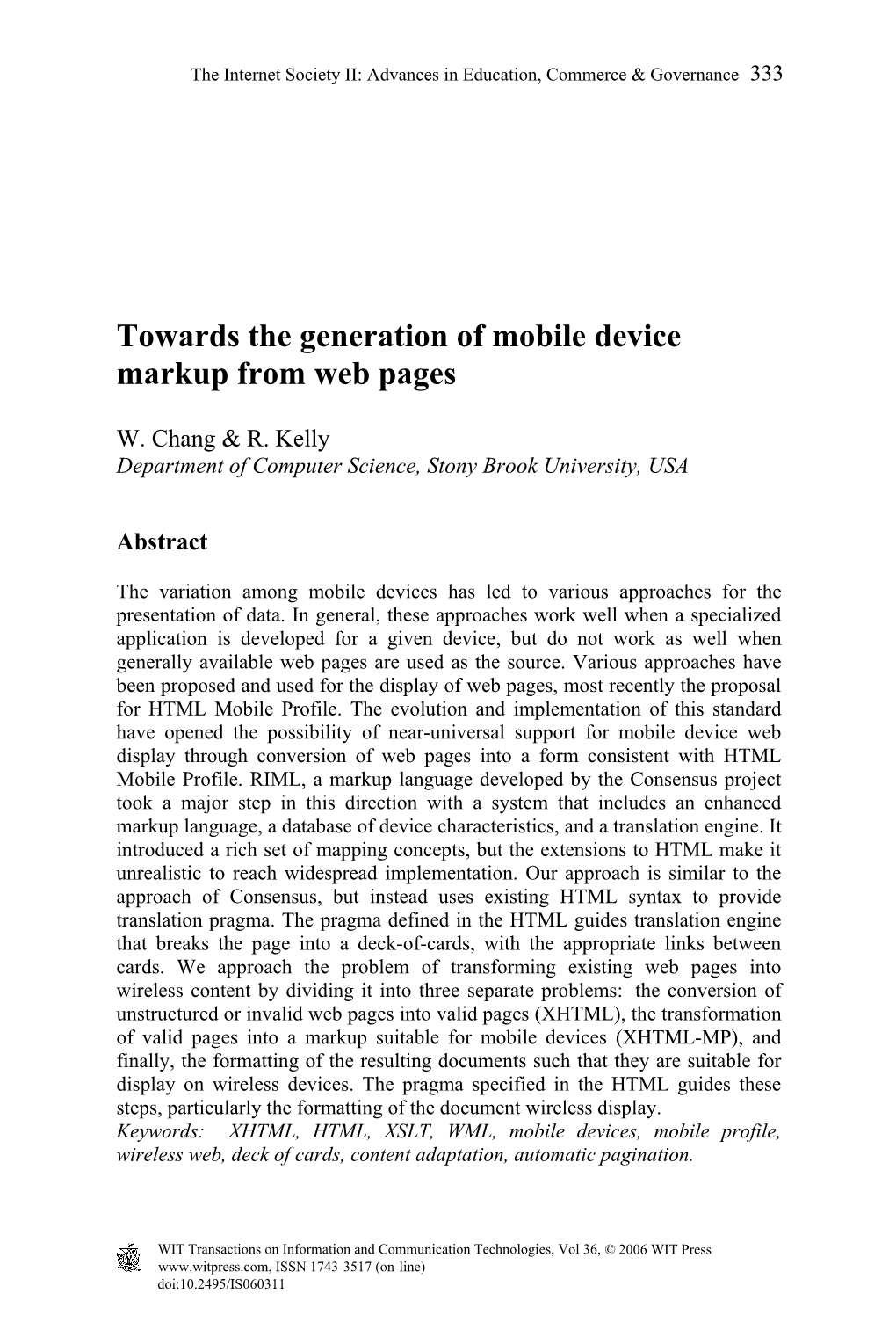 Towards the Generation of Mobile Device Markup from Web Pages