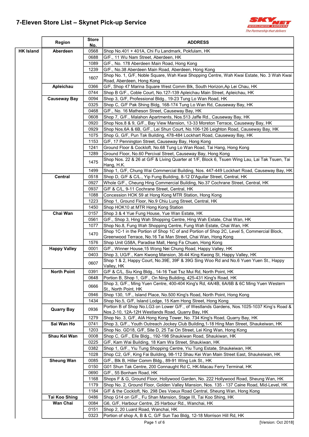 7-Eleven Store List – Skynet Pick-Up Service