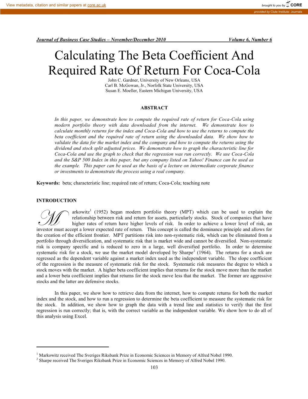 Calculating the Beta Coefficient and Required Rate of Return for Coca-Cola John C