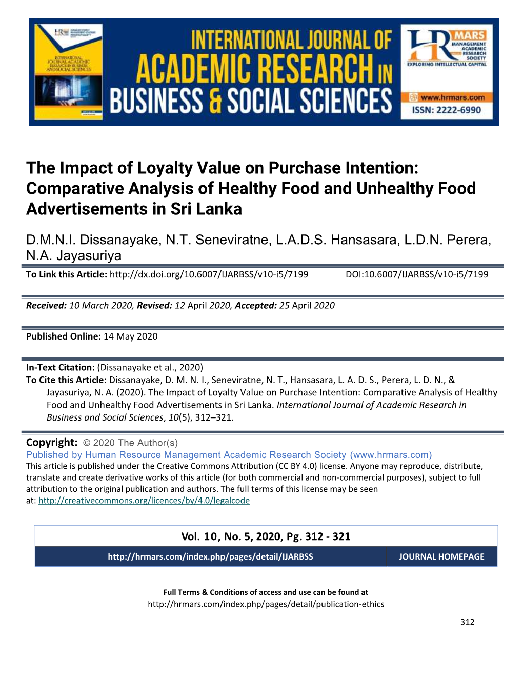 The Impact of Loyalty Value on Purchase Intention: Comparative Analysis of Healthy Food and Unhealthy Food Advertisements in Sri Lanka