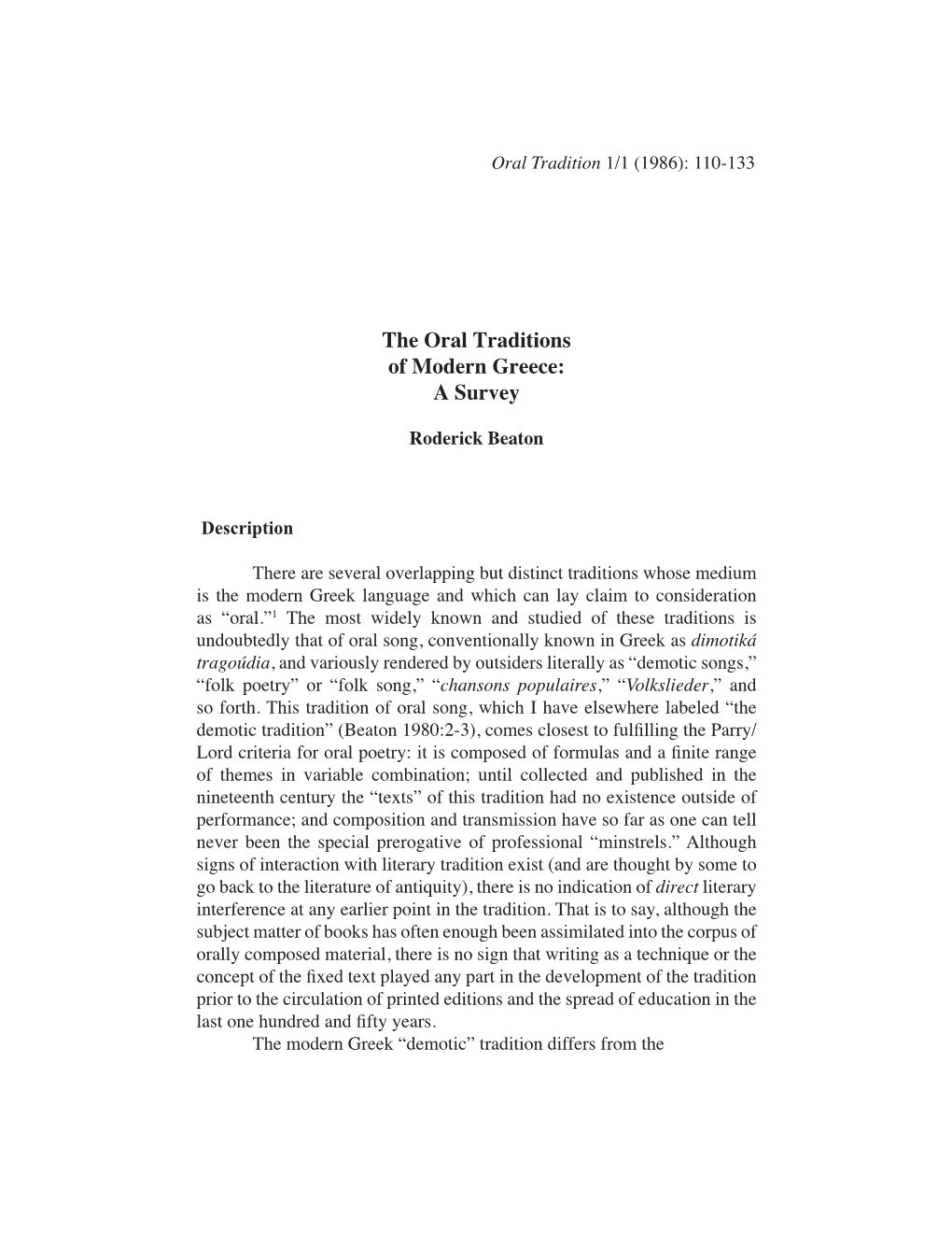 The Oral Traditions of Modern Greece: a Survey