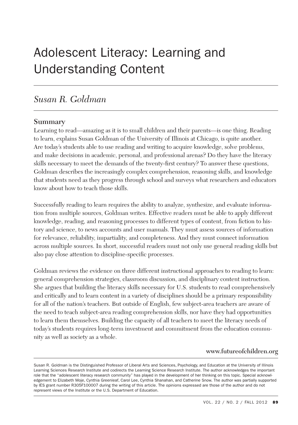 Adolescent Literacy: Learning and Understanding Content
