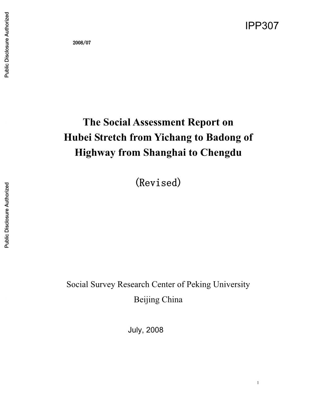 The Social Assessment Report on Hubei Stretch from Yichang to Badong of Highway from Shanghai to Chengdu