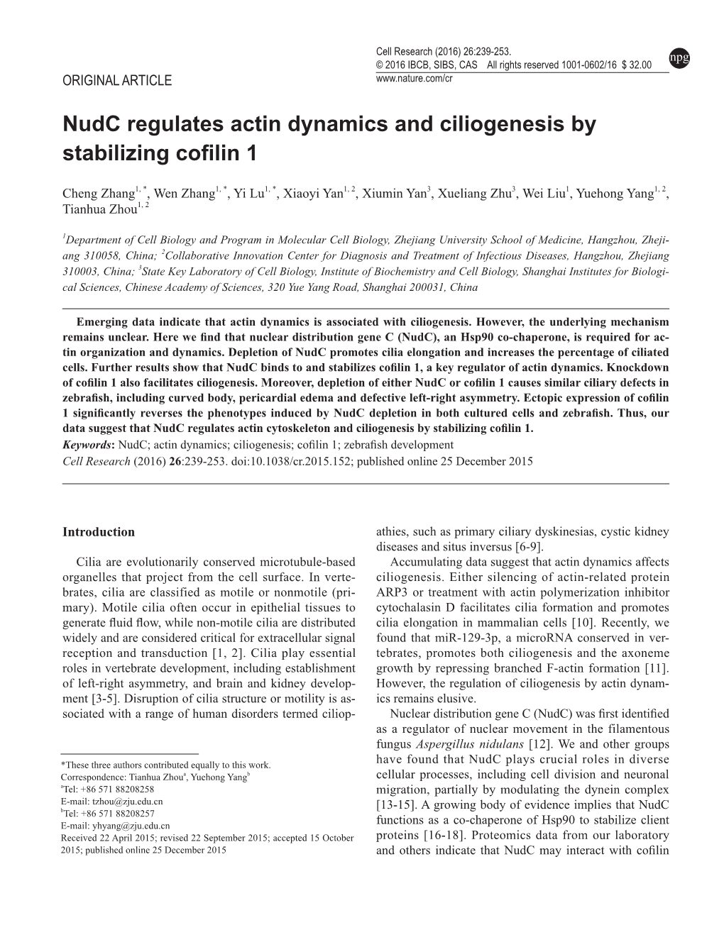 Nudc Regulates Actin Dynamics and Ciliogenesis by Stabilizing Cofilin 1