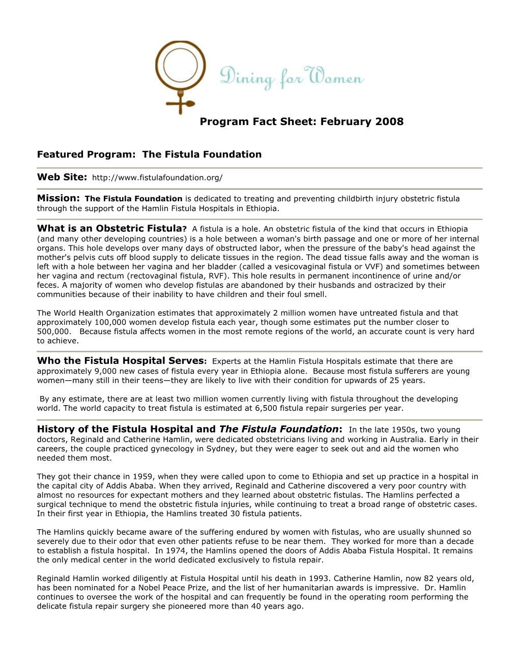 2008 Fistula Foundation Fact Sheet