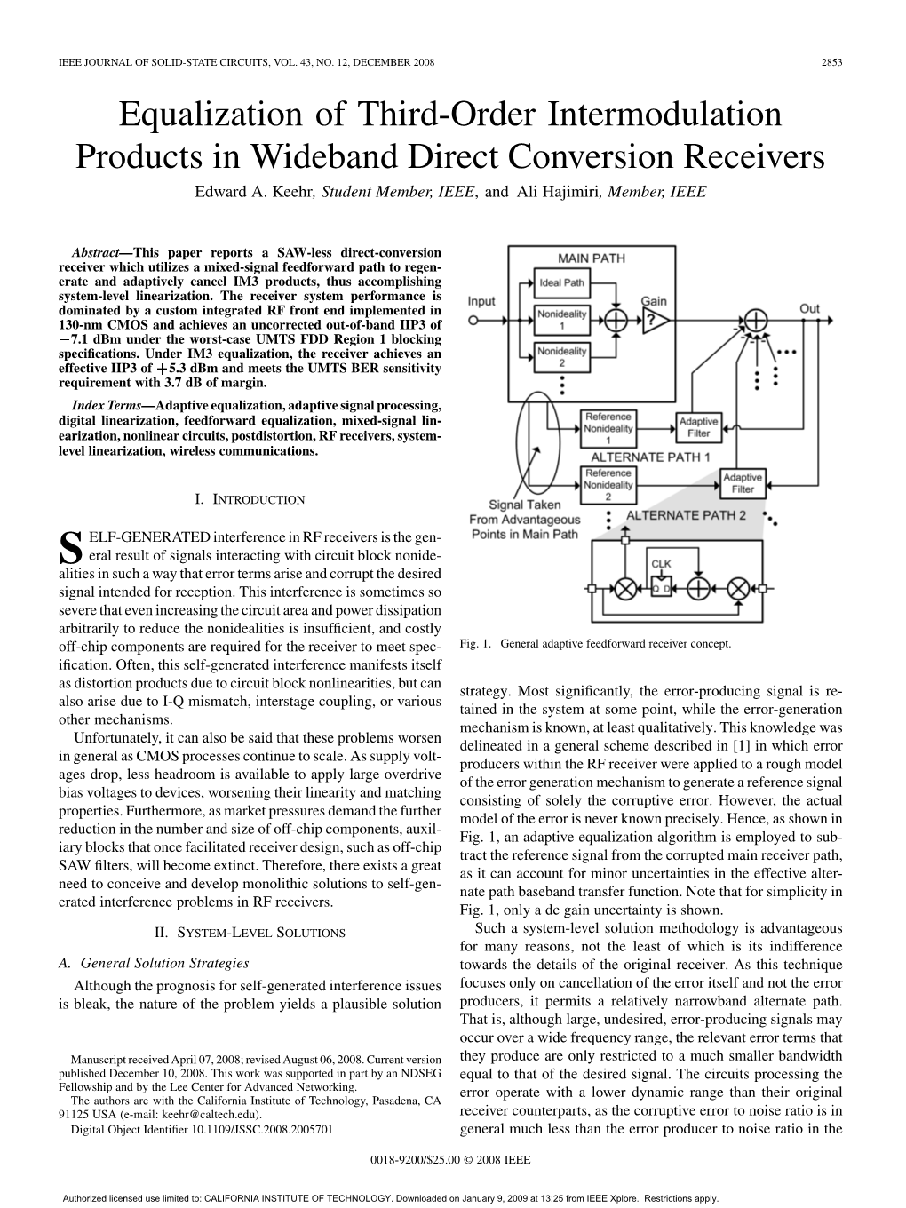 Equalization of Third-Order Intermodulation Products in Wideband Direct Conversion Receivers Edward A