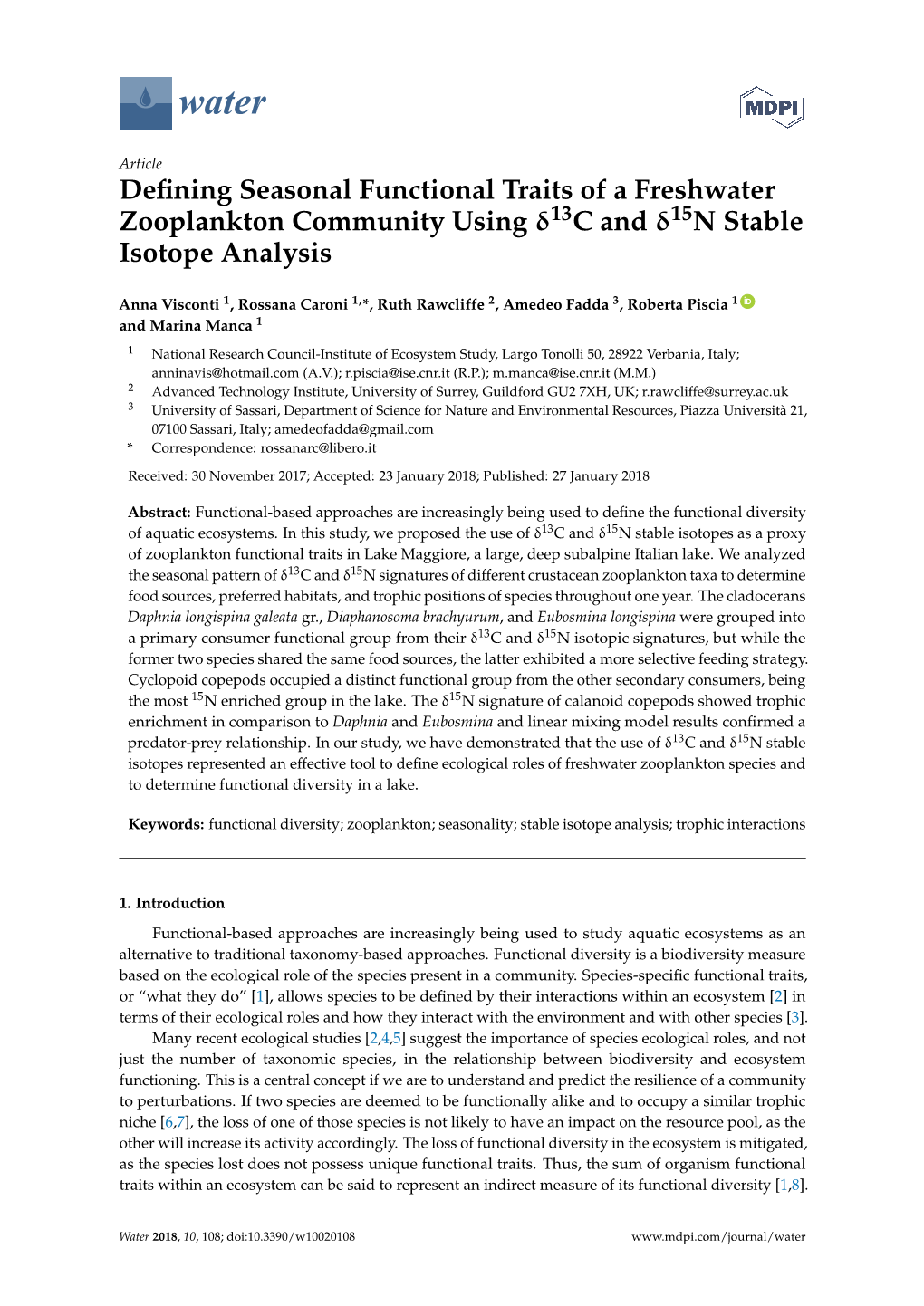 Defining Seasonal Functional Traits of a Freshwater Zooplankton