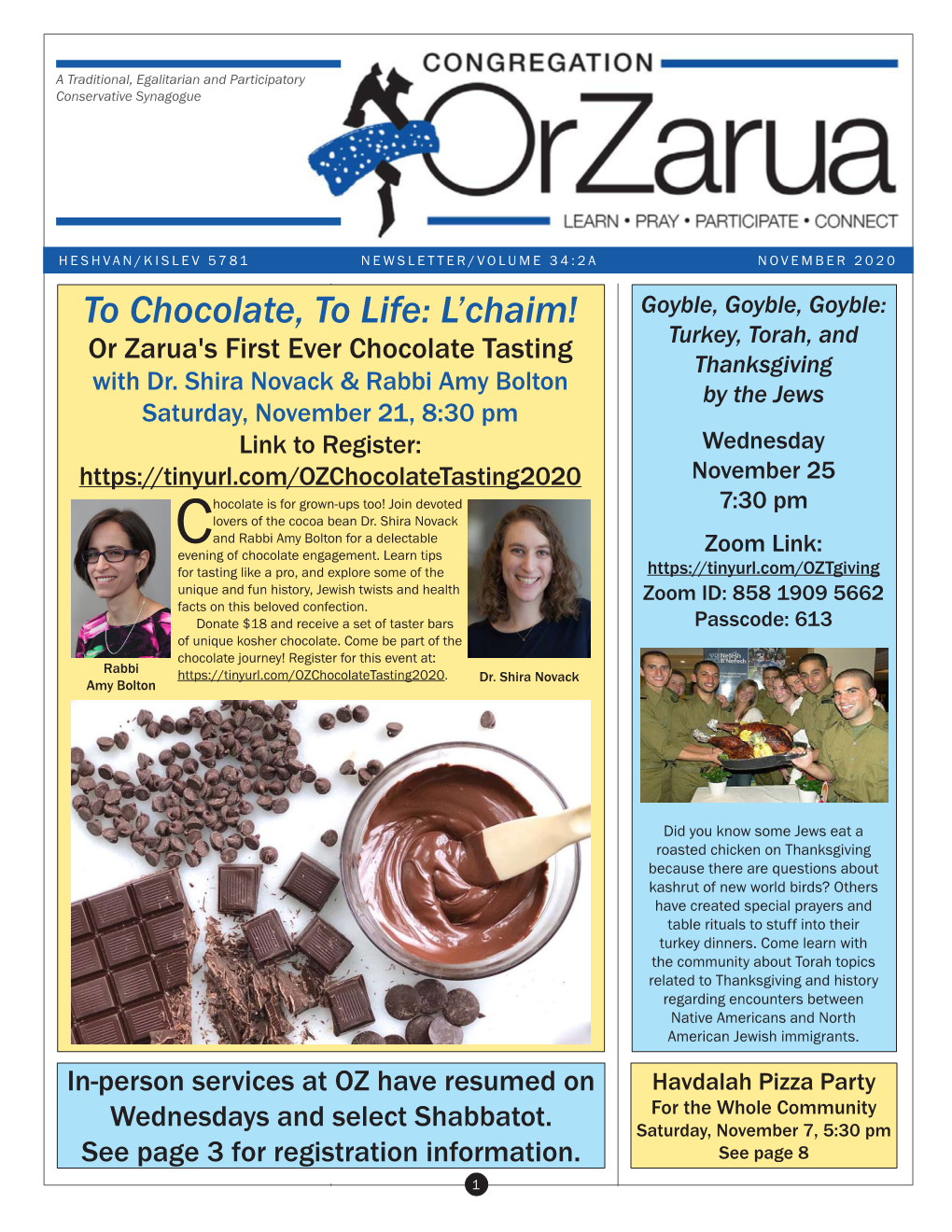 NOVEMBER 2020 to Chocolate, to Life: L’Chaim! Goyble, Goyble, Goyble: Or Zarua's First Ever Chocolate Tasting Turkey, Torah, and Thanksgiving with Dr