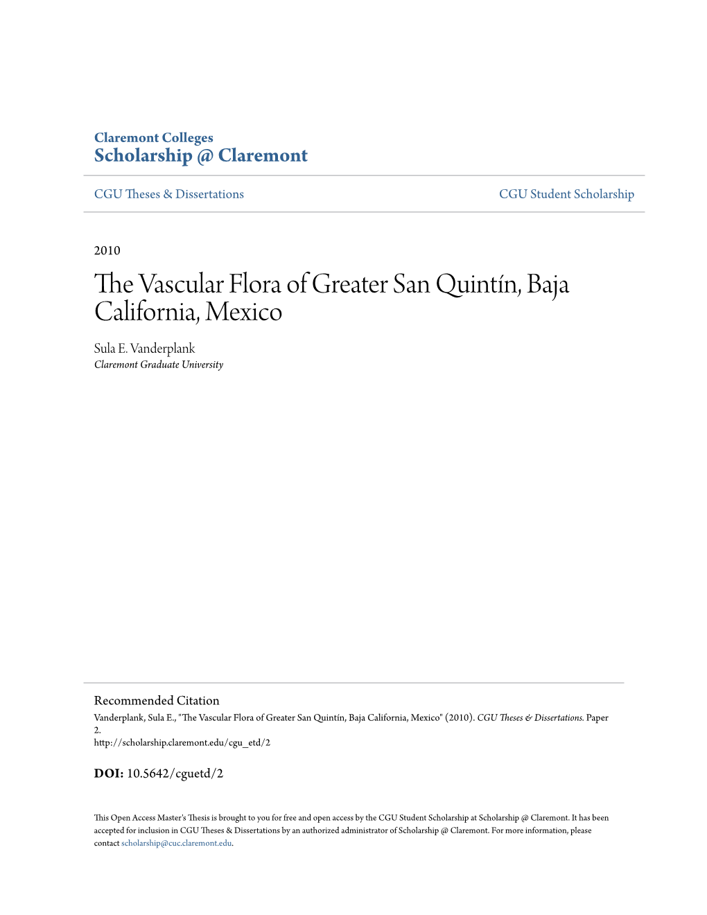 The Vascular Flora of Greater San Quintín, Baja California, Mexico