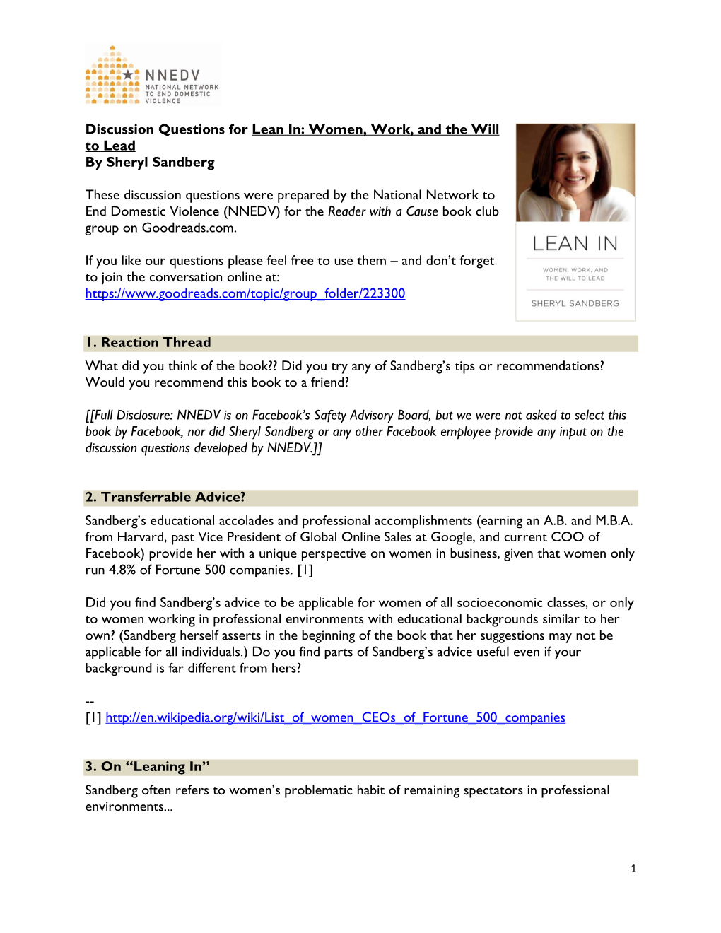 Discussion Questions for Lean In: Women, Work, and the Will to Lead by Sheryl Sandberg