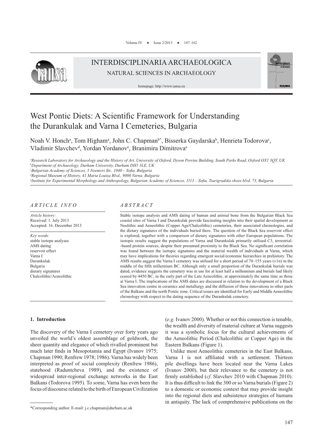 A Scientific Framework for Understanding the Durankulak and Varna I Cemeteries, Bulgaria