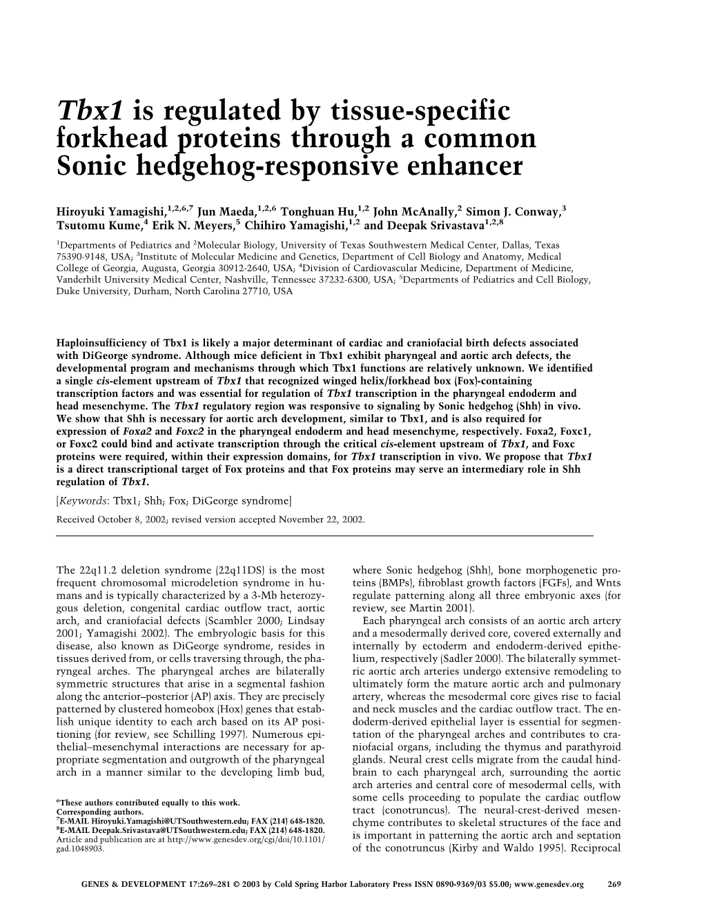 Tbx1 Is Regulated by Tissue-Specific Forkhead Proteins Through a Common Sonic Hedgehog-Responsive Enhancer