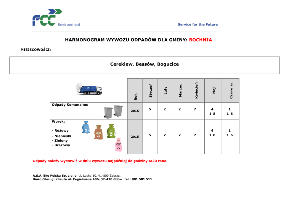 Harmonogram Wywozu Odpadów Dla Gminy: Bochnia