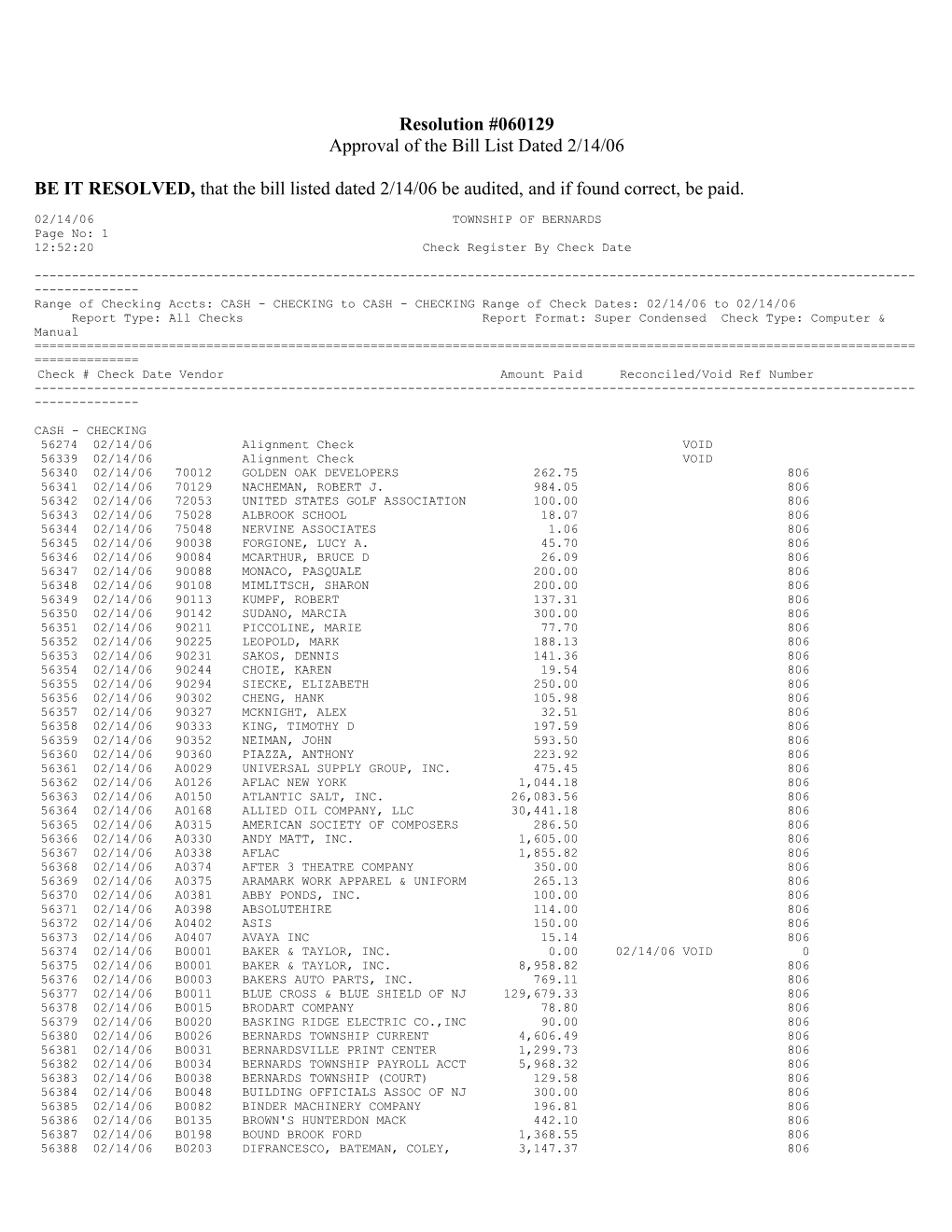 Approval of the Bill List Dated 2/14/06